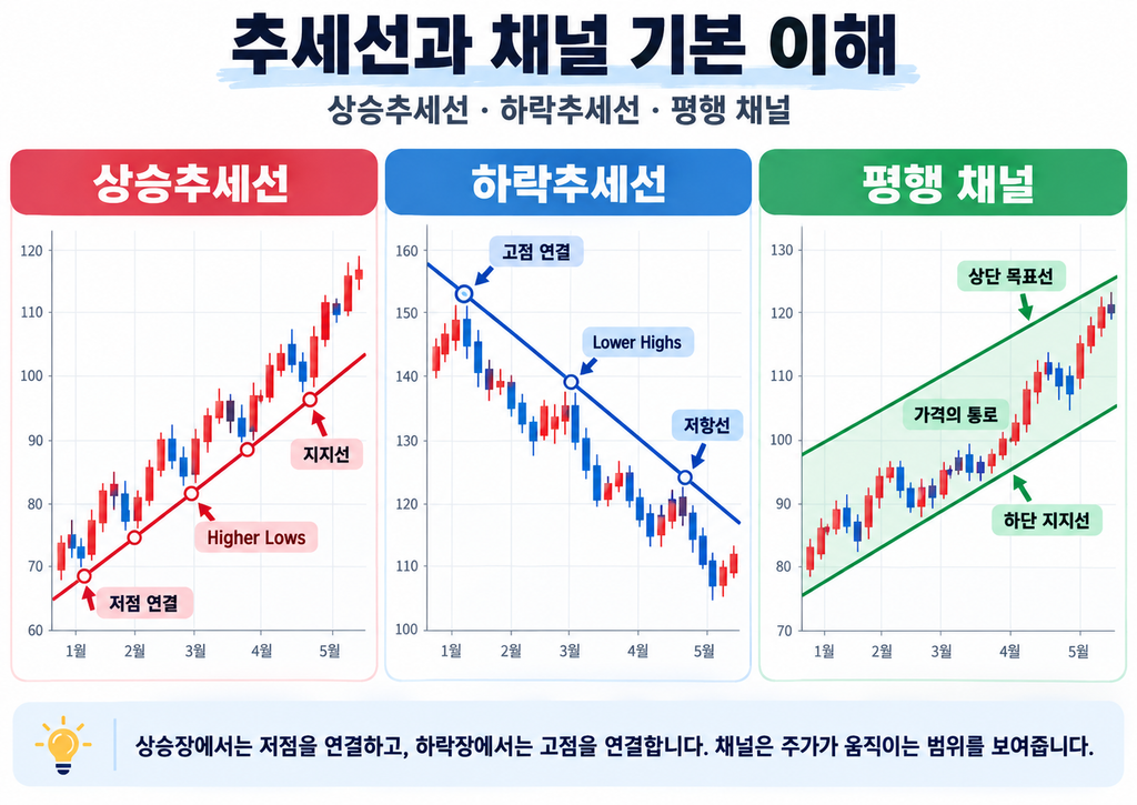 상승·하락 추세선의 지지·저항 역할과 두 평행선 사이에서 움직이는 가격 채널을 보여주는 캔들 차트