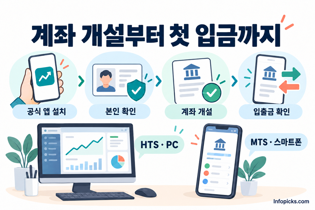 공식 앱 설치·본인 확인·계좌 개설·입출금 확인 순서와 PC용 HTS·스마트폰용 MTS를 비교한 그림