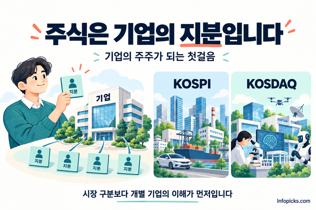 기업 지분을 나누어 가진 주주의 모습과 코스피·코스닥 기업을 나란히 보여주는 주식 기초 그림