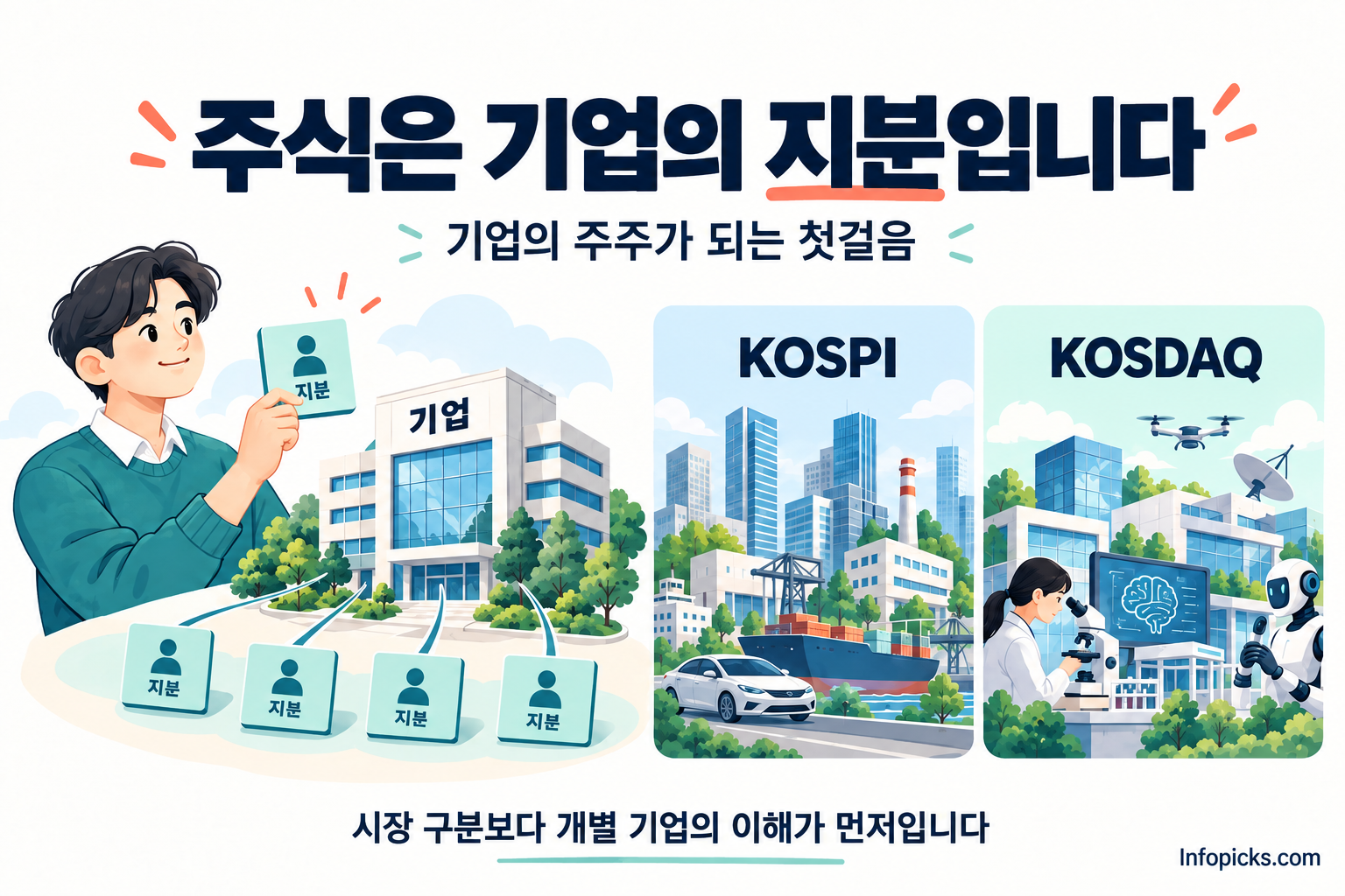 주식을 기업의 지분으로 표현하고 주주, 코스피·코스닥 기업을 함께 보여주는 그림