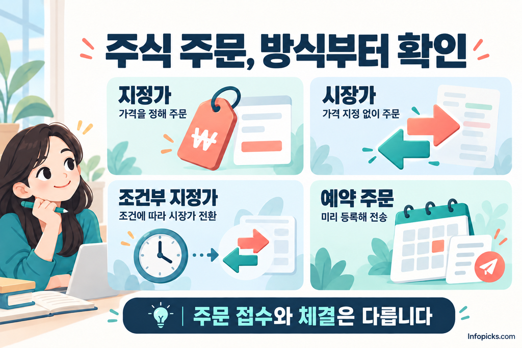 지정가·시장가·조건부 지정가·예약 주문을 네 칸으로 나누어 설명하고 주문 접수와 체결을 구분한 그림