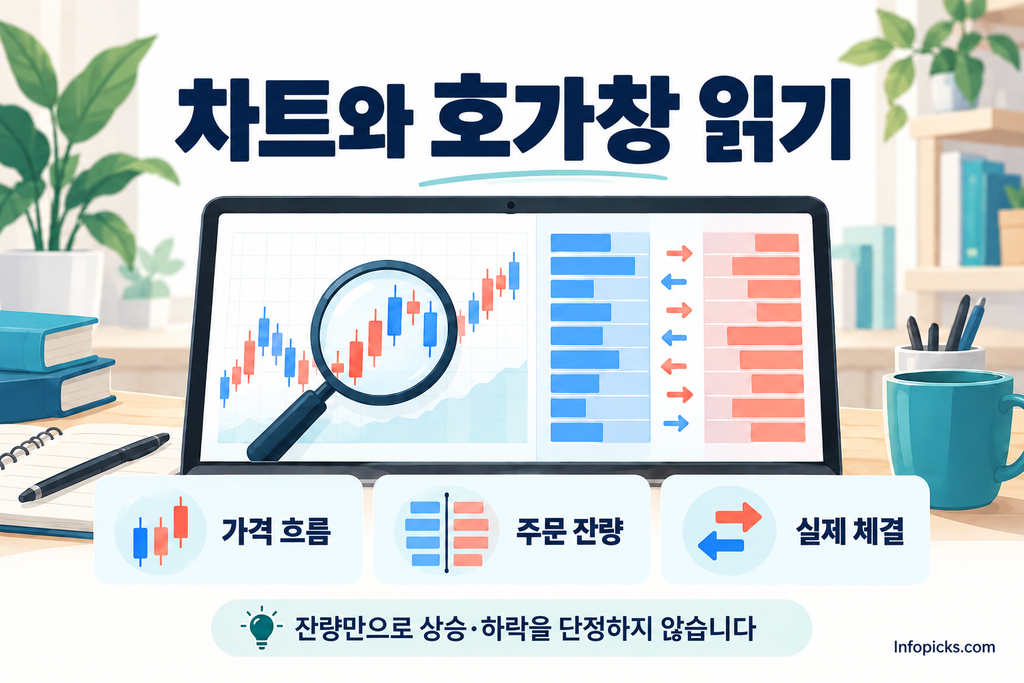 화면의 캔들 차트와 호가창을 통해 가격 흐름·주문 잔량·실제 체결을 함께 확인하는 그림