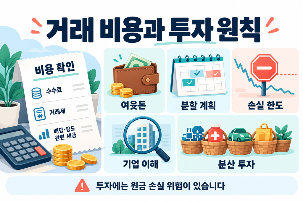 주식 거래 수수료와 세금, 여윳돈·분할 투자·손실 한도·기업 이해·분산 투자 원칙을 정리한 그림