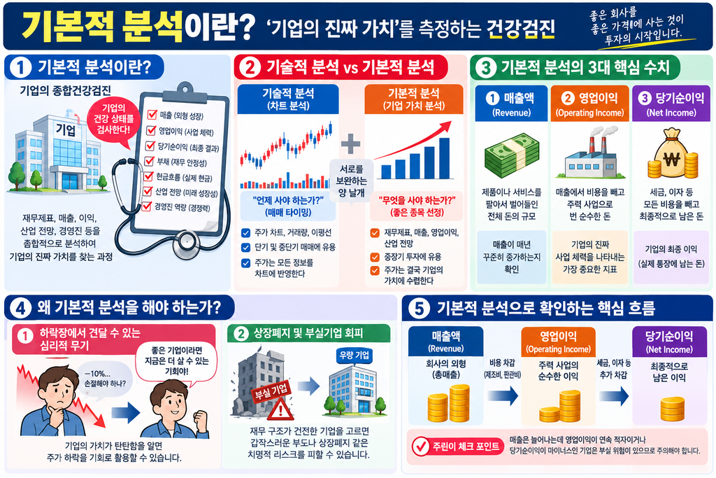 기업 건강검진에 빗댄 기본적 분석과 매출액·영업이익·당기순이익의 관계를 정리한 안내도