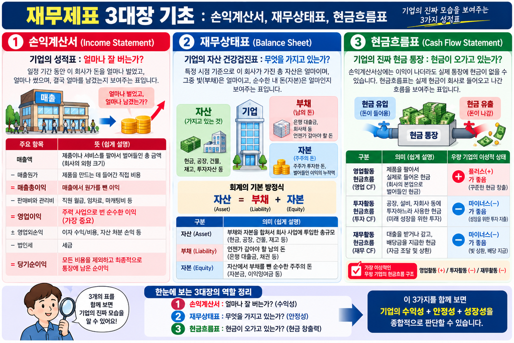 손익계산서의 수익성, 재무상태표의 자산·부채·자본, 현금흐름표의 현금 유입·유출을 비교한 도표