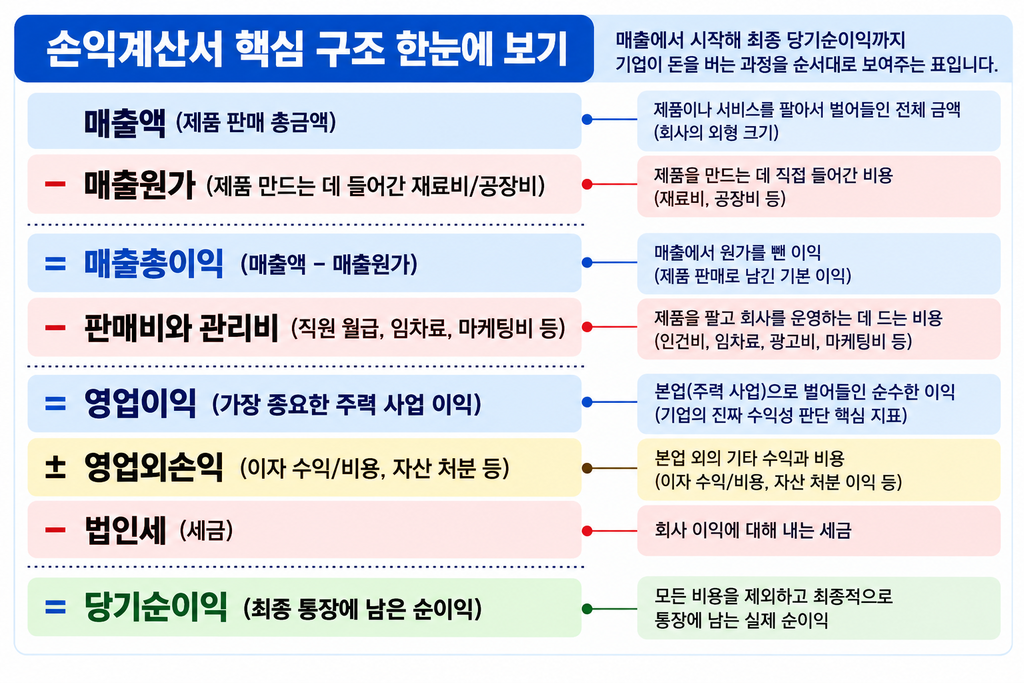 매출액에서 매출원가·판매관리비·영업외손익·법인세를 반영해 당기순이익에 이르는 손익계산서 구조