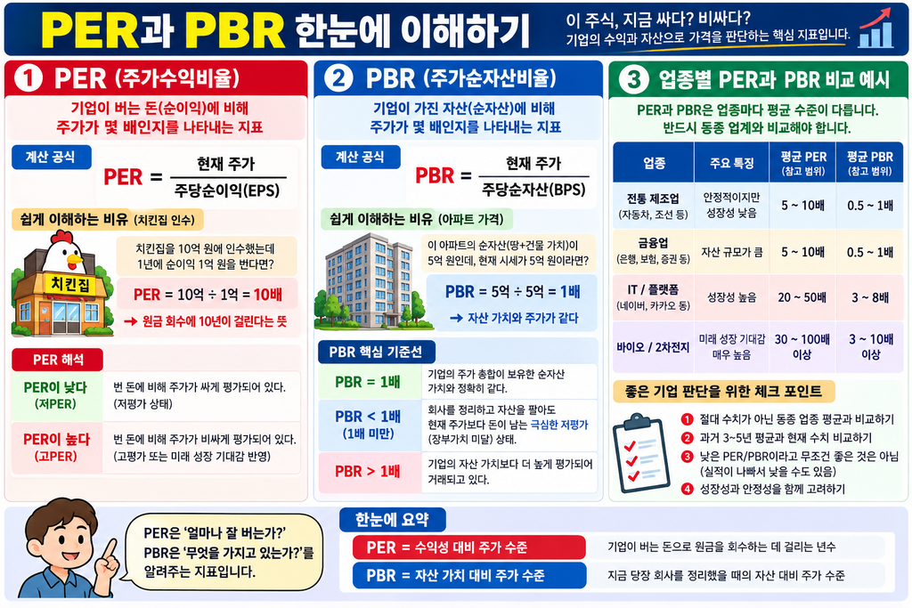치킨집의 이익과 아파트 순자산 비유로 PER·PBR 계산을 설명하고 업종별 비교 예시를 제시한 도표