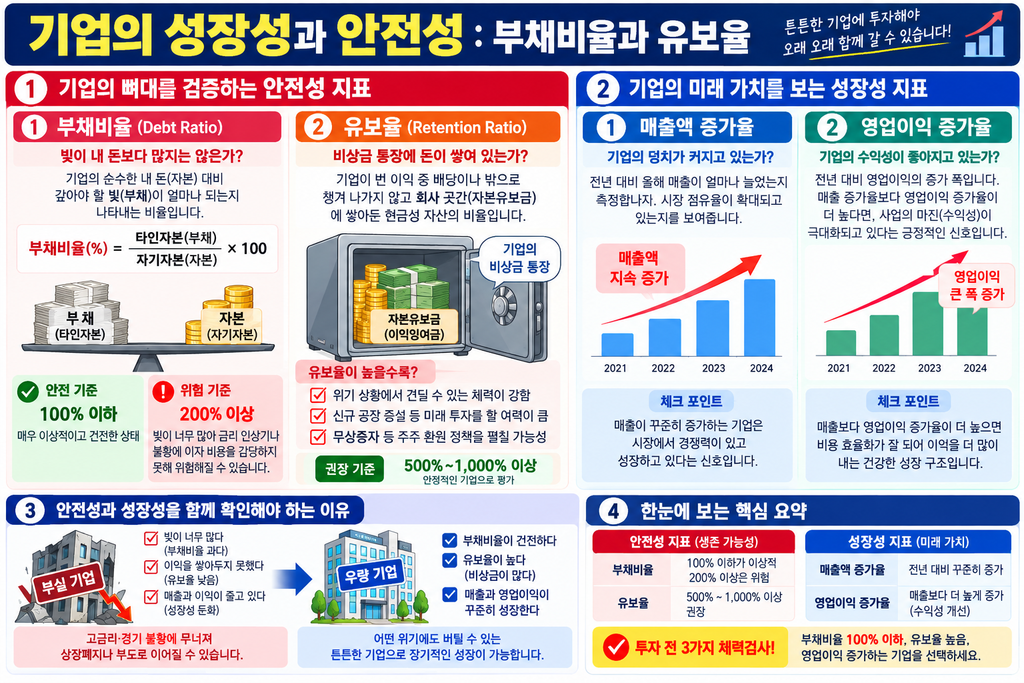 기업 안전성의 부채비율·유보율과 성장성의 매출액·영업이익 증가율을 비교한 기업 점검표