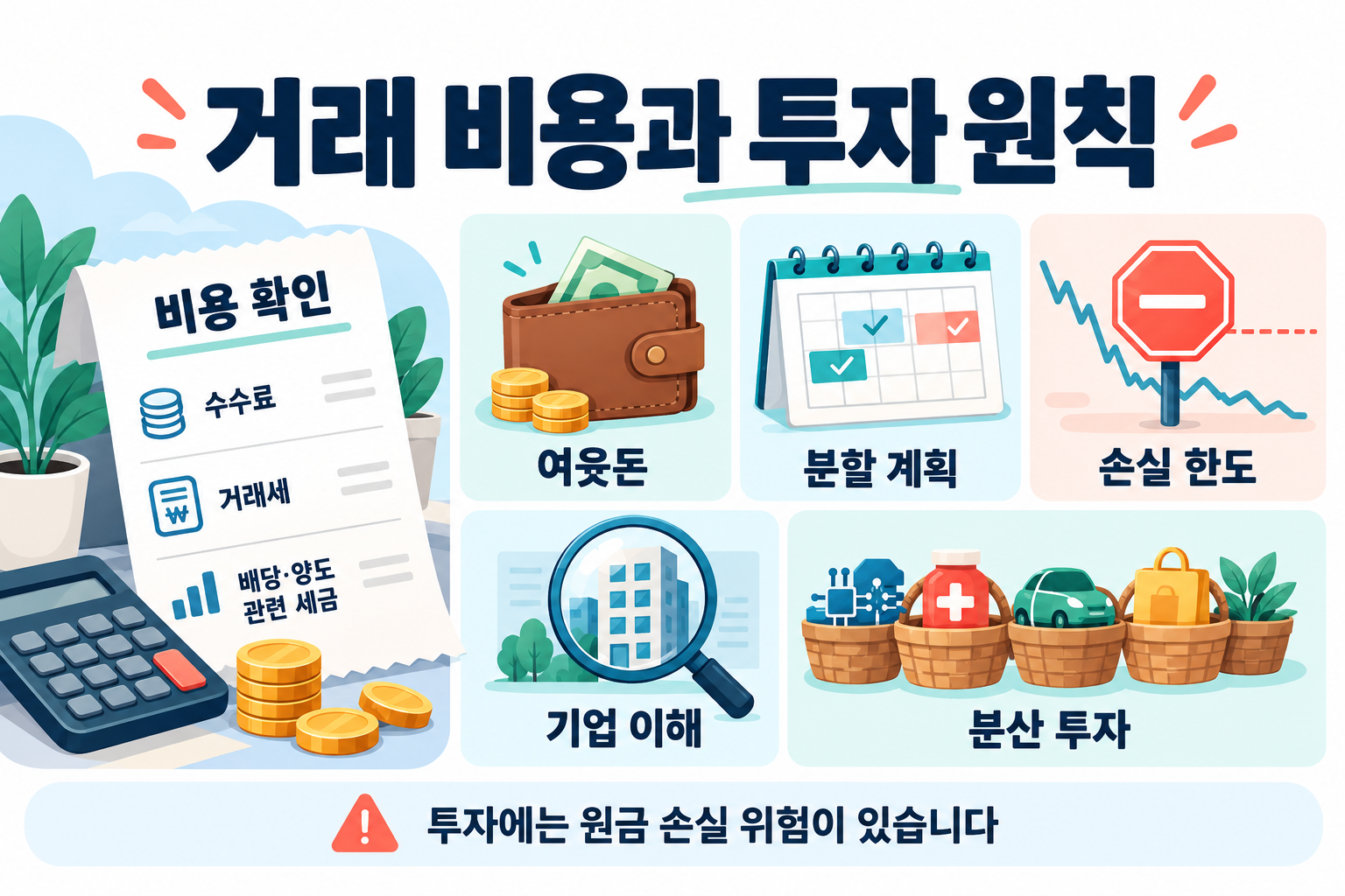 수수료·세금 확인과 여윳돈·분할 계획·손실 한도·기업 이해·분산 투자를 보여주는 그림