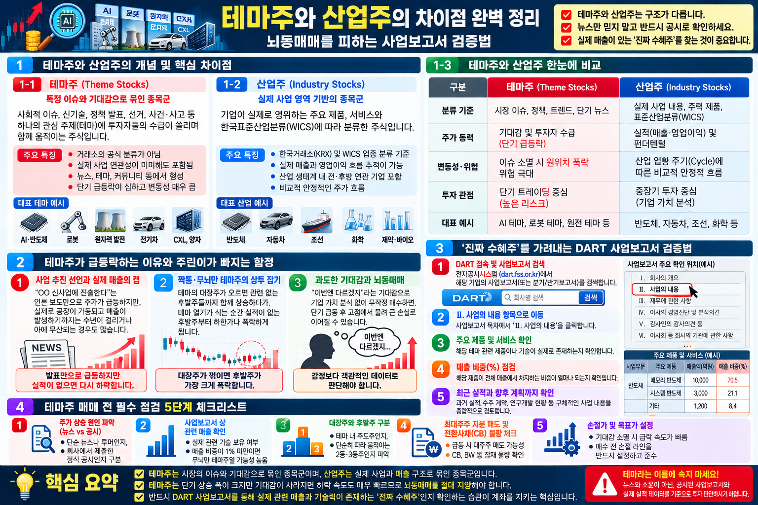 테마주와 산업주의 분류 기준·주가 동인·변동성을 비교하고 사업보고서의 매출 비중을 확인하는 예시