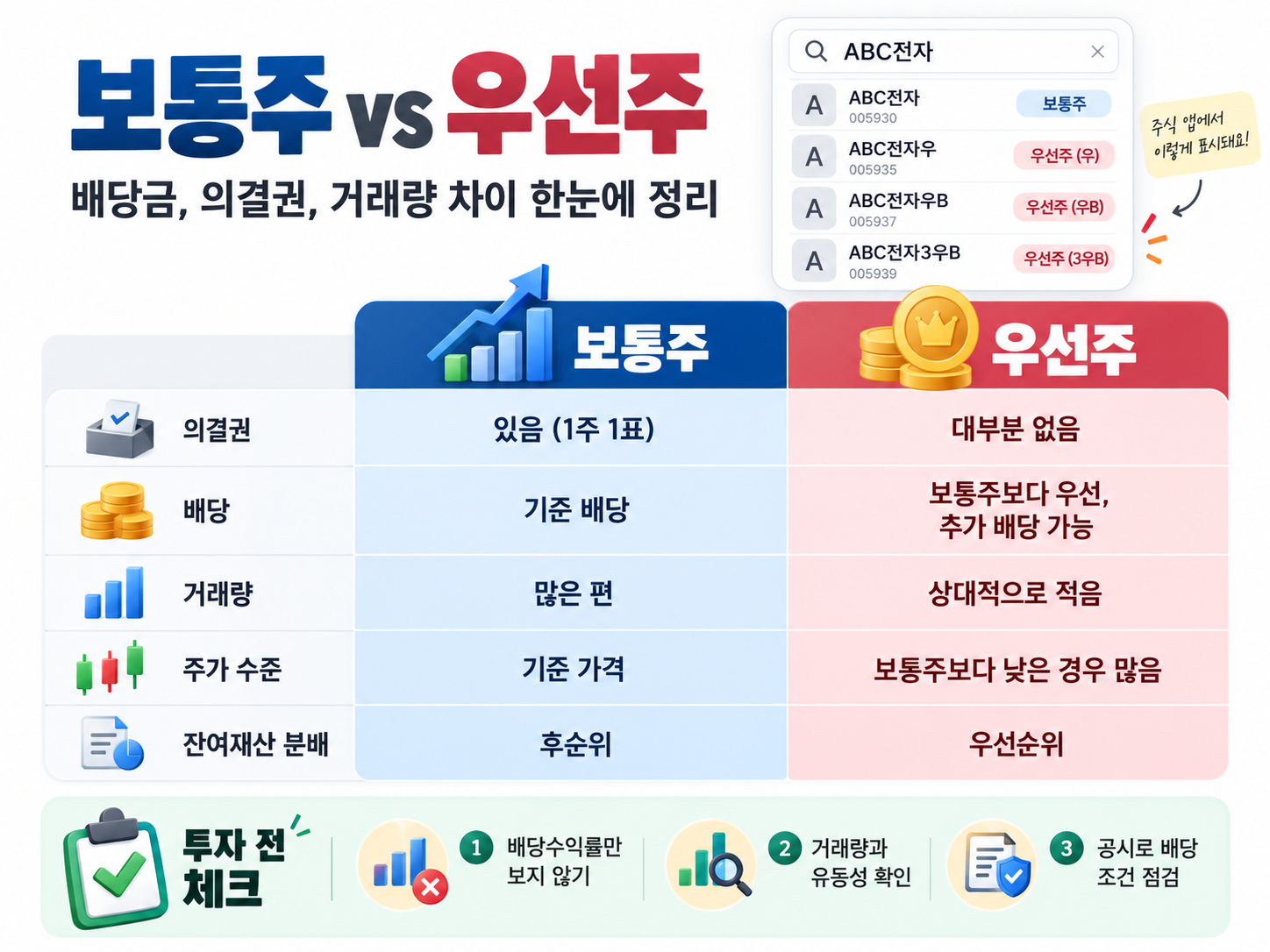 보통주와 우선주의 의결권·배당·거래량·주가·잔여재산 분배 차이를 비교한 표