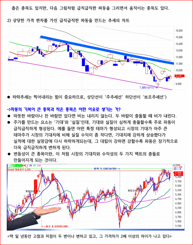 하락 차트의 상단 주 추세선·하단 보조 추세선과 가격 기복이 큰 파동의 차트를 비교한 자료