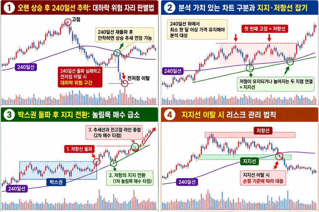 240일선 이탈·재돌파, 박스권 돌파 후 지지 전환과 눌림목, 지지선 이탈을 네 차트로 비교한 도표