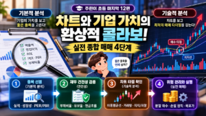 주식 종합 분석 방법으로 기업 가치와 차트 분석을 결합해 종목 선별, 재무 건전성 검증, 매매 타점 확인, 위험 관리까지 실전 매매 4단계를 설명한 이미지